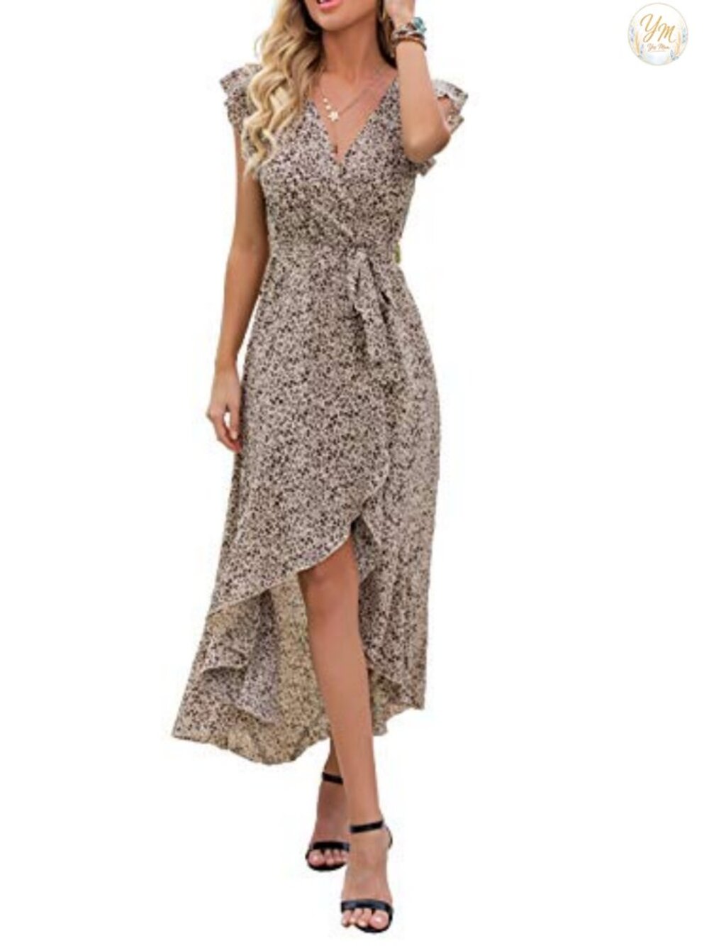Bohemian Flowy Cross V-Neck Maxi Dress Ruffle Sleeve Casual Summer